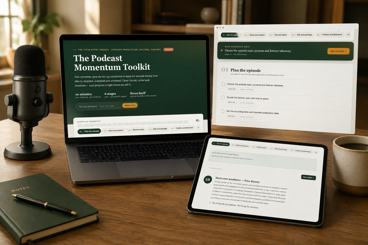 The Podcast Momentum Toolkit shown on laptop and tablet